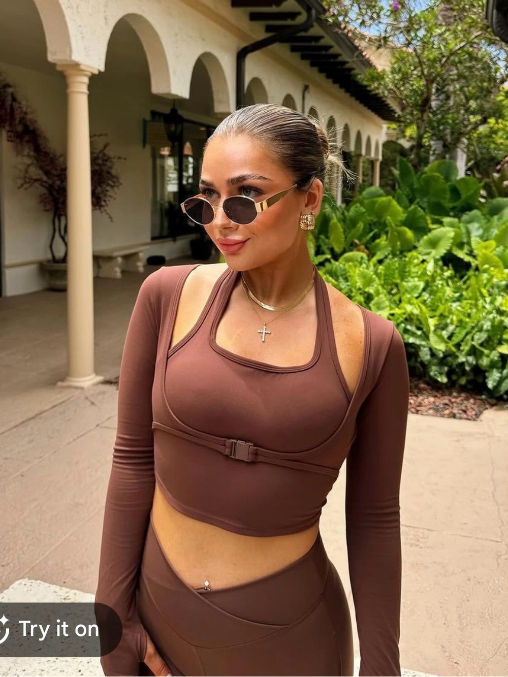 Halara Women's Brown Long-Sleeve Athletic CasualCrop Top with Built-In Bralette